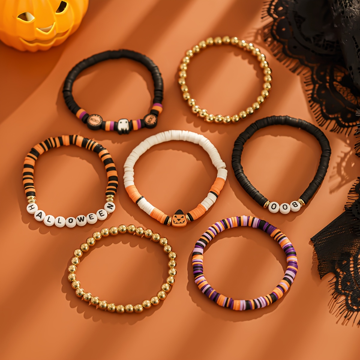 7pcs Halloween Polymer Clay Beaded Bracelet Set